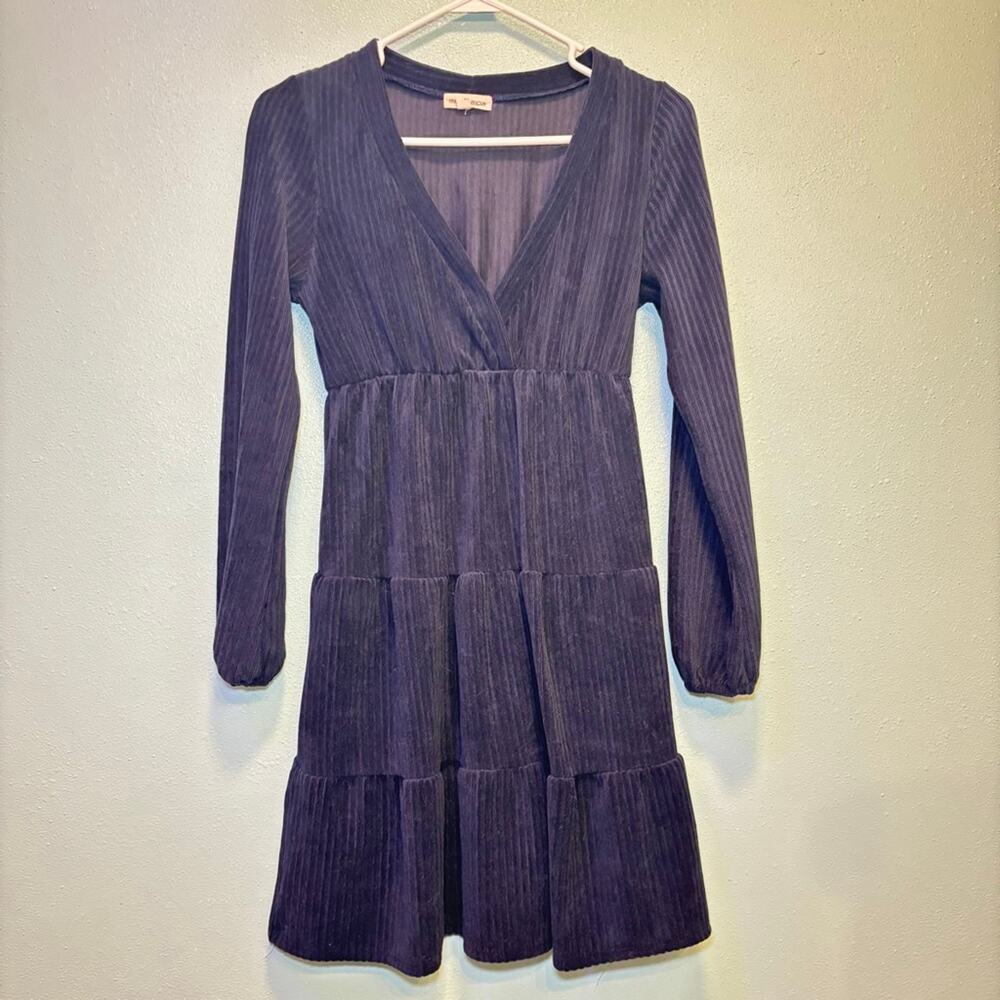 Women's Moa Moa Navy Vertical Ribbed Velour Long Sleeve Tiered Mini Dress XS - Picture 1 of 6